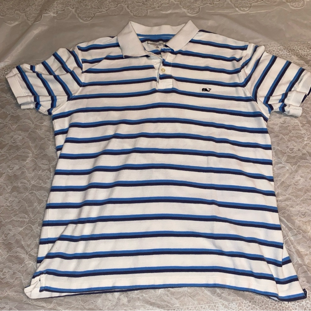 Vineyard Vines Men's Blue and White Striped Collared Polo Shirt Size XL